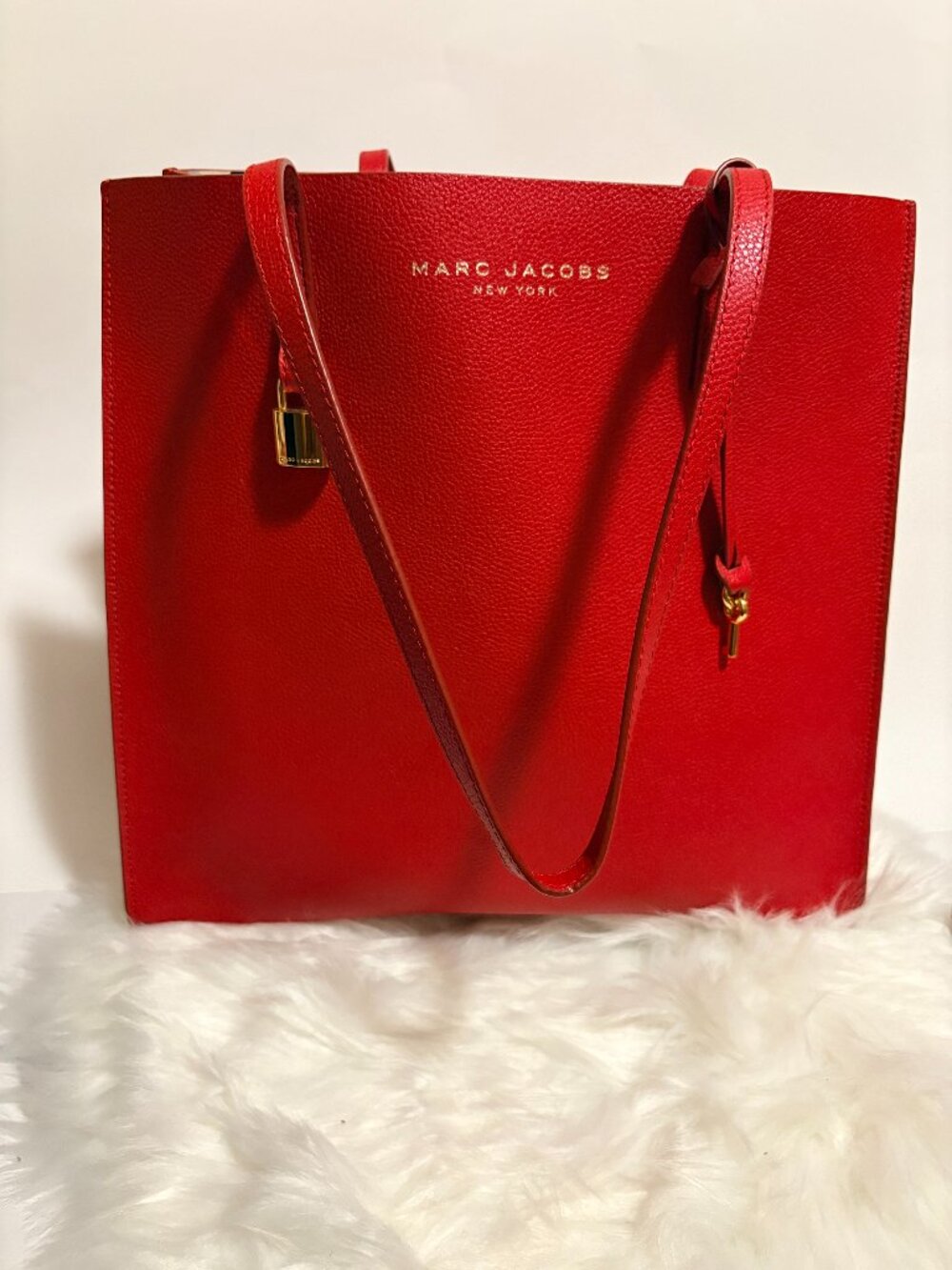 Marc Jacobs Wingman Red Pebbled Leather Tote Shopper Bag Gold Hardware